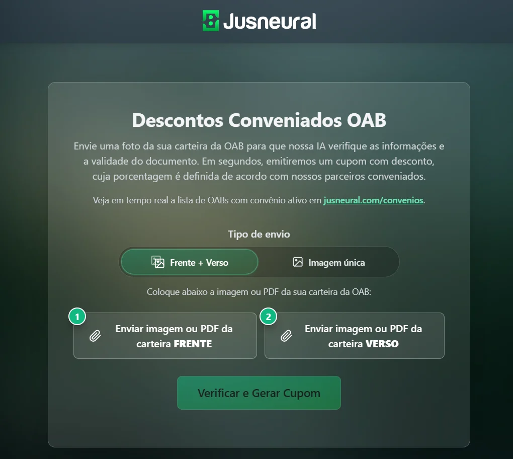 Tela Descontos Conveniados OAB com envio da frente e do verso da carteira, opção Imagem única e botão Verificar e Gerar Cupom